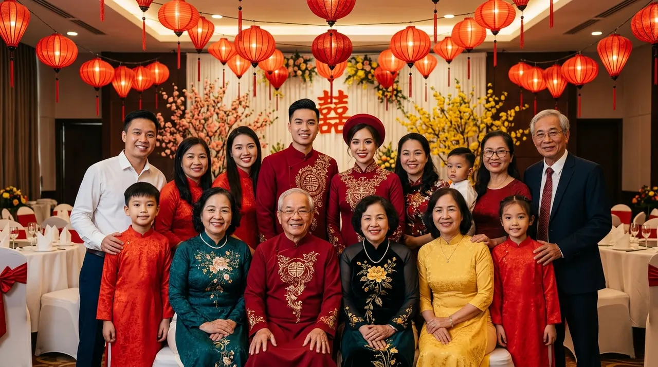 Gia đình nhiều thế hệ chụp ảnh chung tại tiệc cưới truyền thống