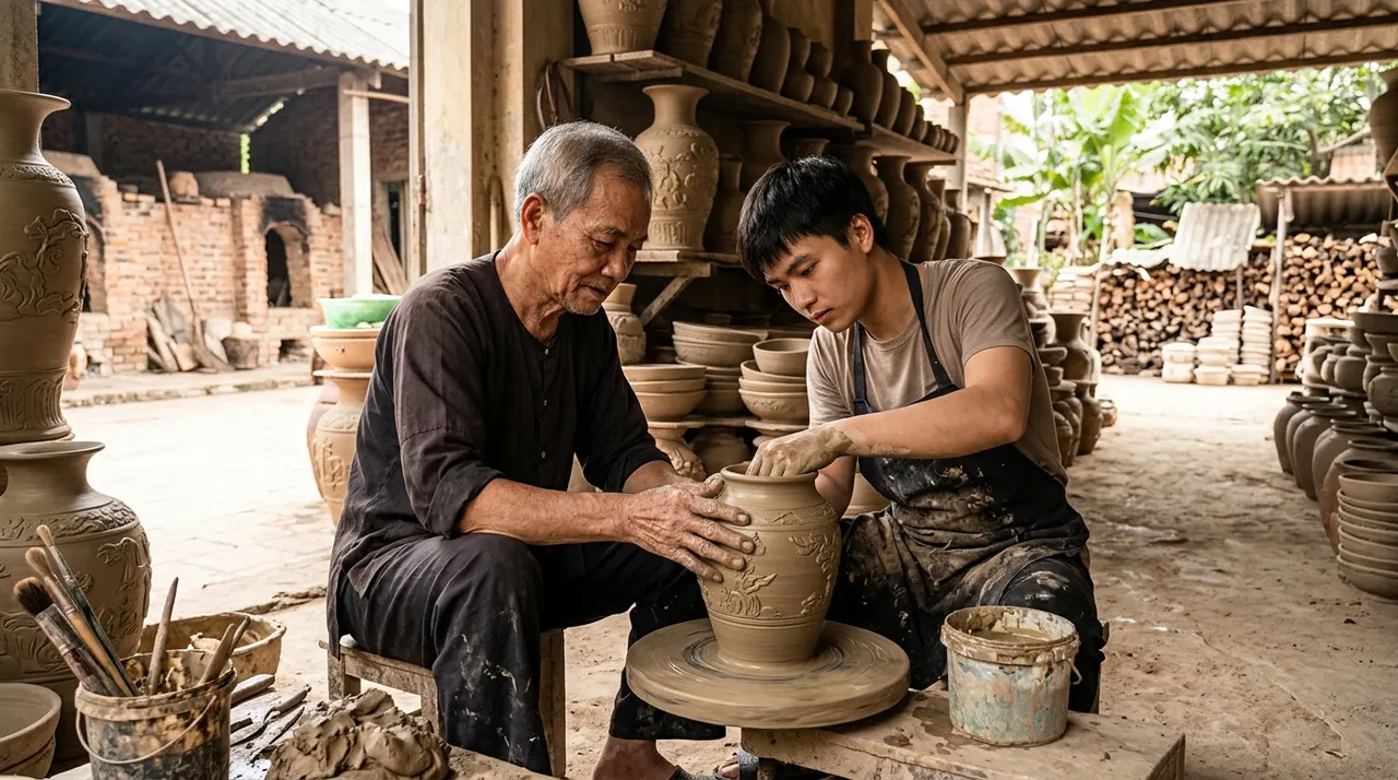 Bạn trẻ học làm gốm truyền thống tại làng nghề dưới sự hướng dẫn của nghệ nhân