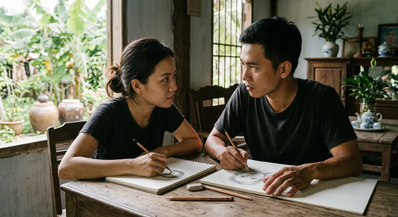 Một cặp đôi vẽ chân dung cho nhau bằng bút chì