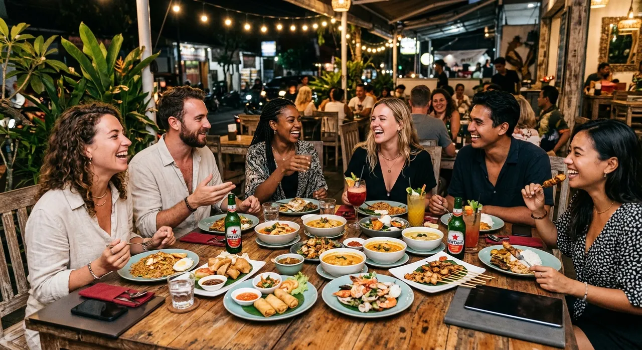 Nhóm digital nomad ăn tối tại quán ăn Việt Nam với nhiều món ăn trên bàn