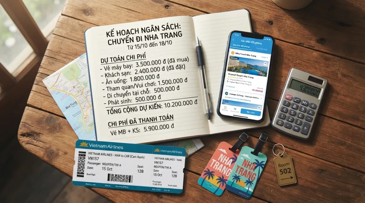 Chi phí đi Nha Trang tháng 11 được lên kế hoạch với sổ tay và máy tính