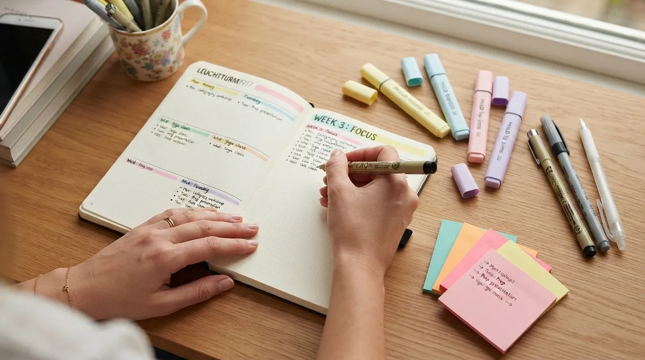 Đang viết trong Bullet Journal với các dụng cụ nhiều màu