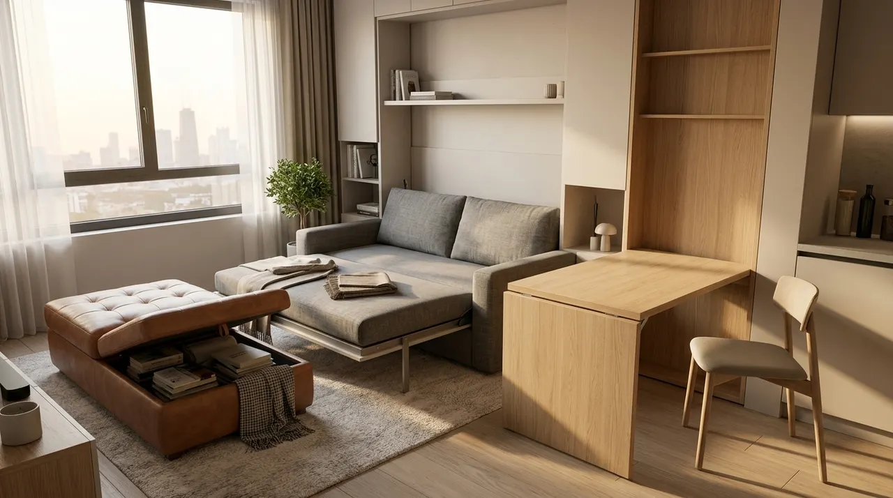 Nội thất đa năng gồm sofa giường, bàn ăn gấp gọn, ghế đôn có ngăn chứa đồ