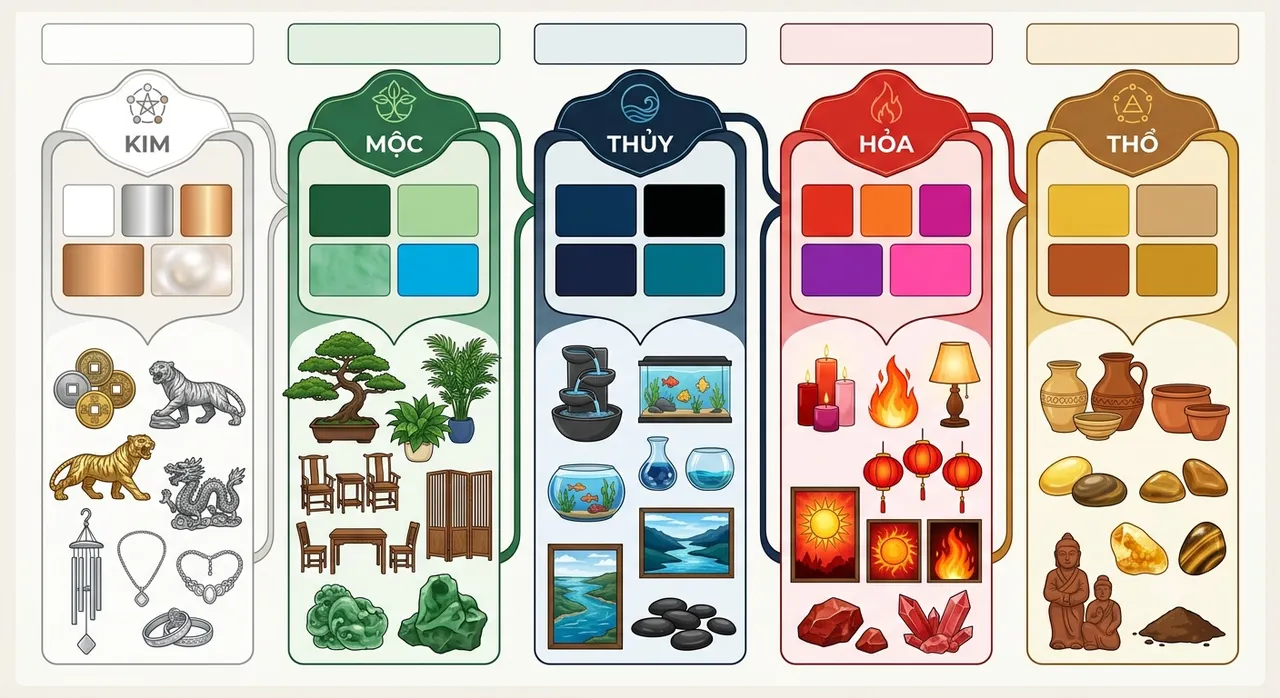 Bảng màu sắc ngũ hành phong thủy Kim Mộc Thủy Hỏa Thổ