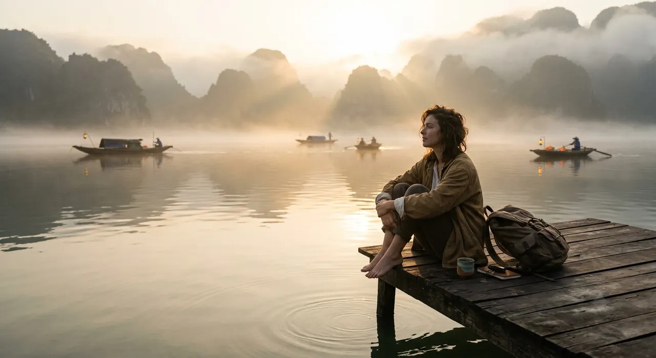 Một du khách ngồi thư giãn trên bến gỗ nhìn mặt hồ đầy sương sớm