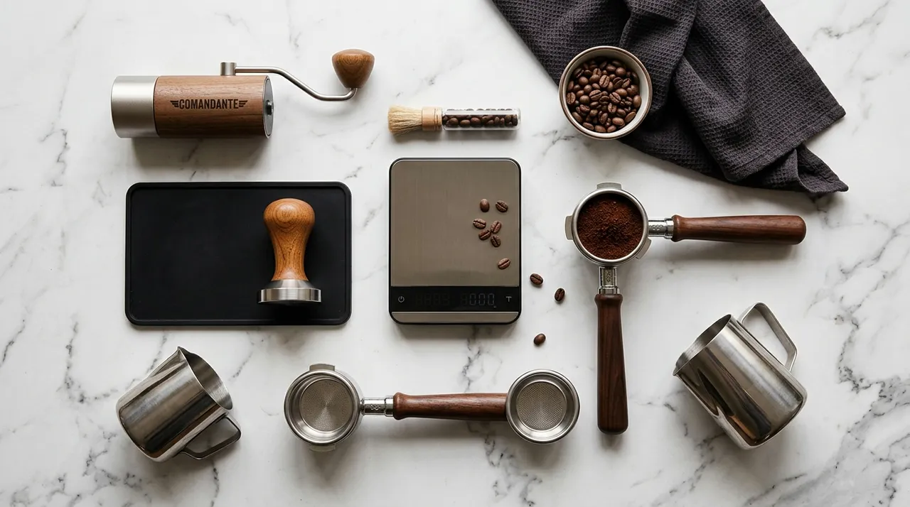 Bày các dụng cụ pha cà phê espresso trên mặt đá