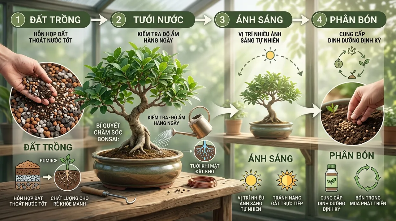 Chăm sóc bonsai với đất, nước, ánh sáng và phân bón