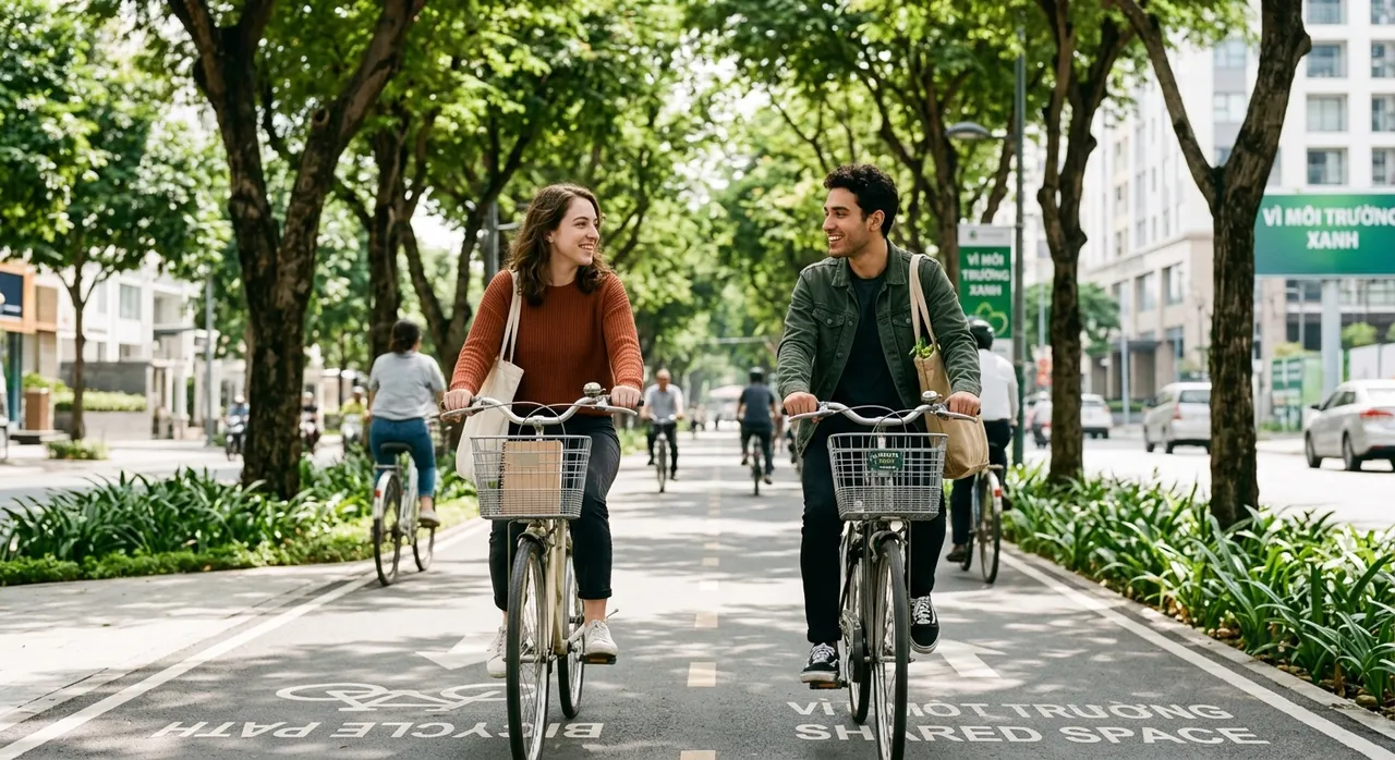 Eco-conscious couple cycling together