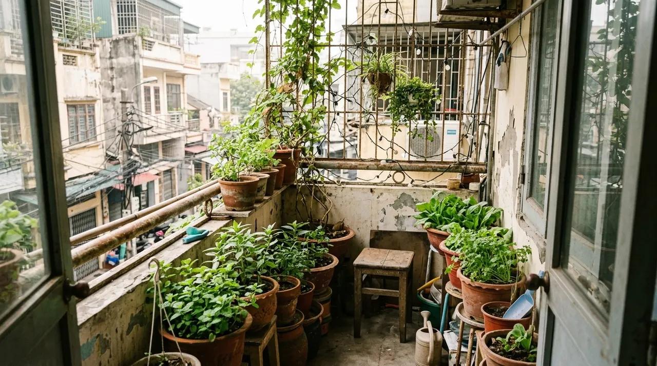 Vườn ban công nhỏ ở căn hộ Hà Nội phong cách cottagecore