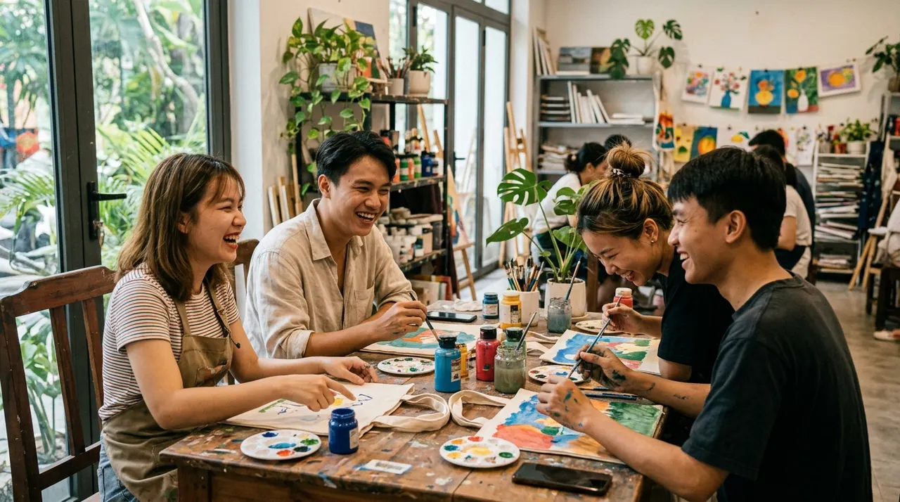 Nhóm bạn trẻ vui vẻ tương tác trong buổi workshop vẽ tranh