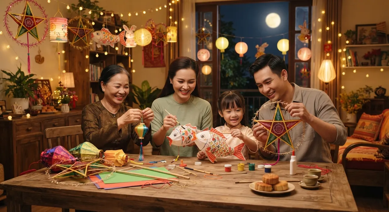 gia đình trang trí đèn lồng trung thu