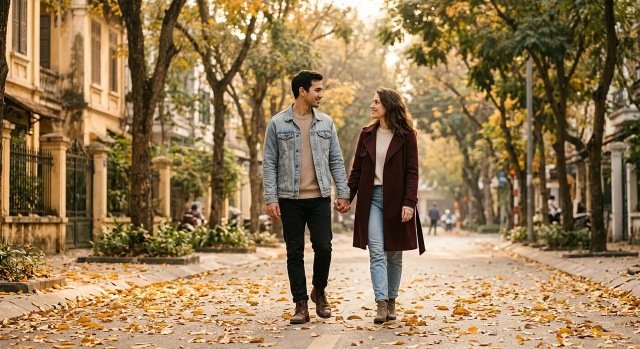 Cặp đôi nắm tay đi bộ trên con đường mùa thu