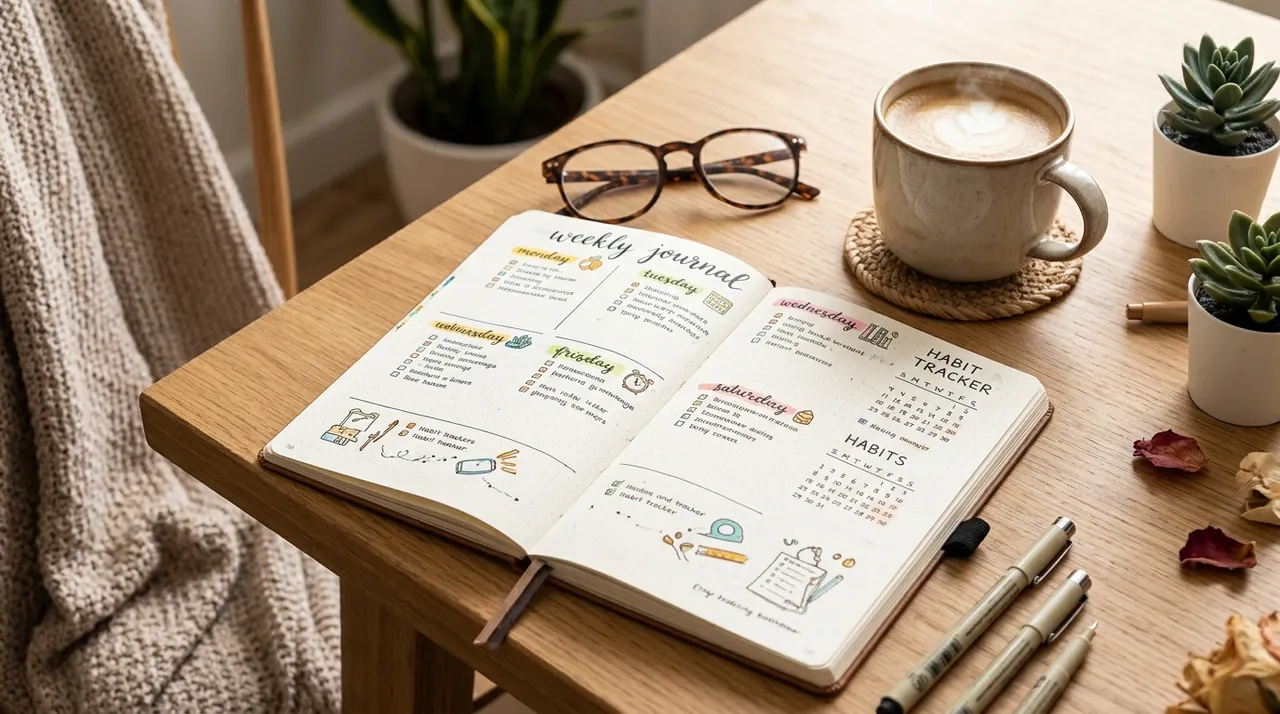 Không gian thư giãn với Bullet Journal và tách cà phê