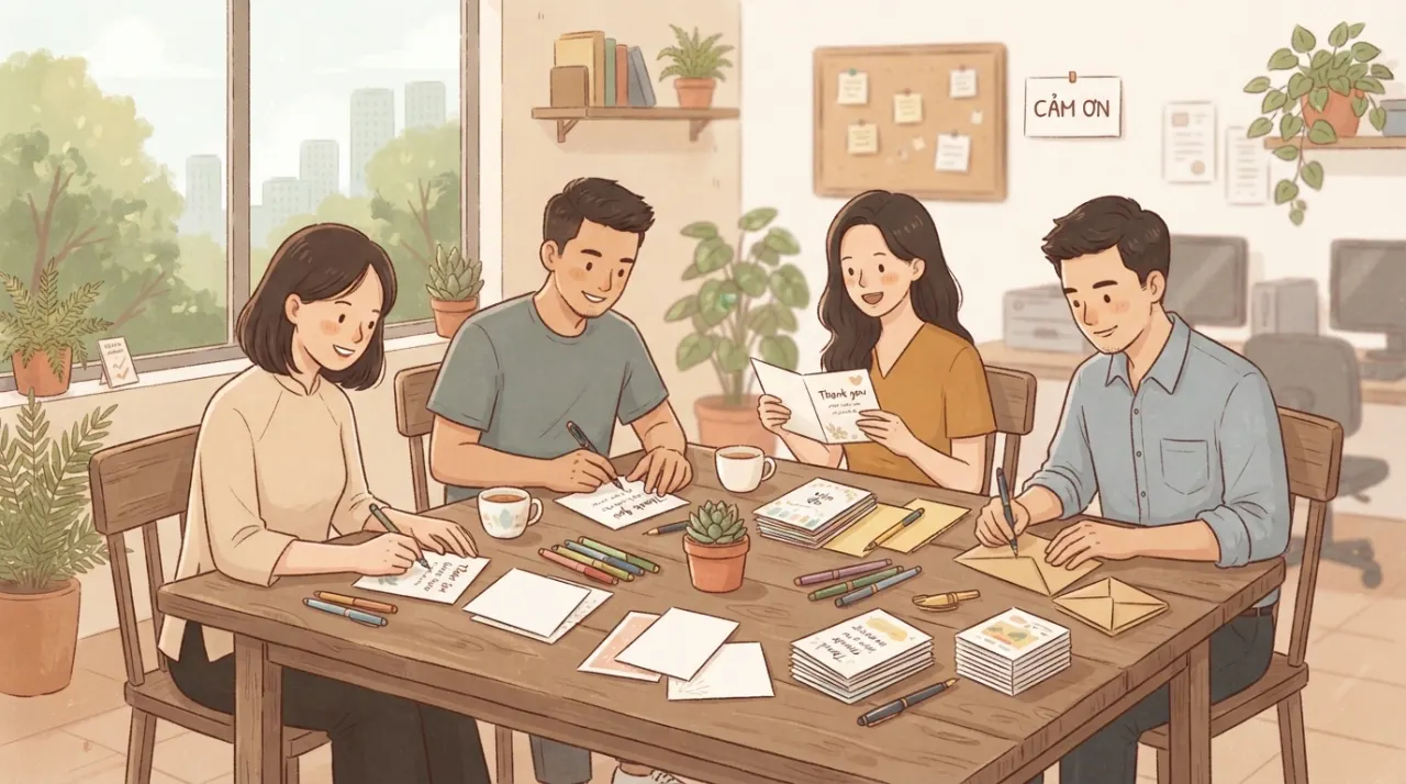 Nhóm nhân viên viết lời cảm ơn thầy cô tại nơi làm việc