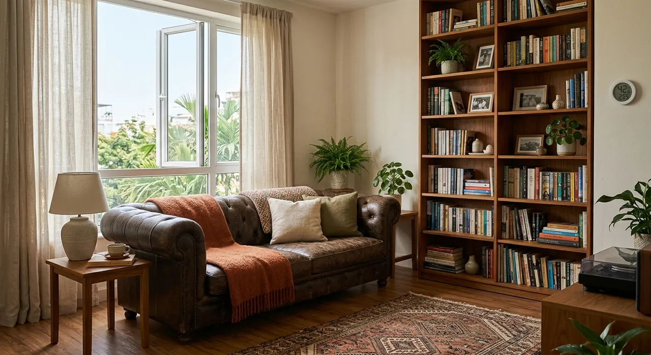 Nội thất gỗ và sofa da trong phòng khách khô thoáng