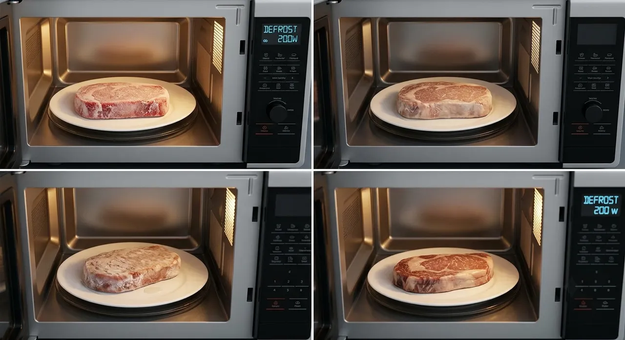 Miếng thịt đặt trên đĩa trong lò vi sóng ở chế độ Defrost công suất thấp, lật mặt giữa chừng