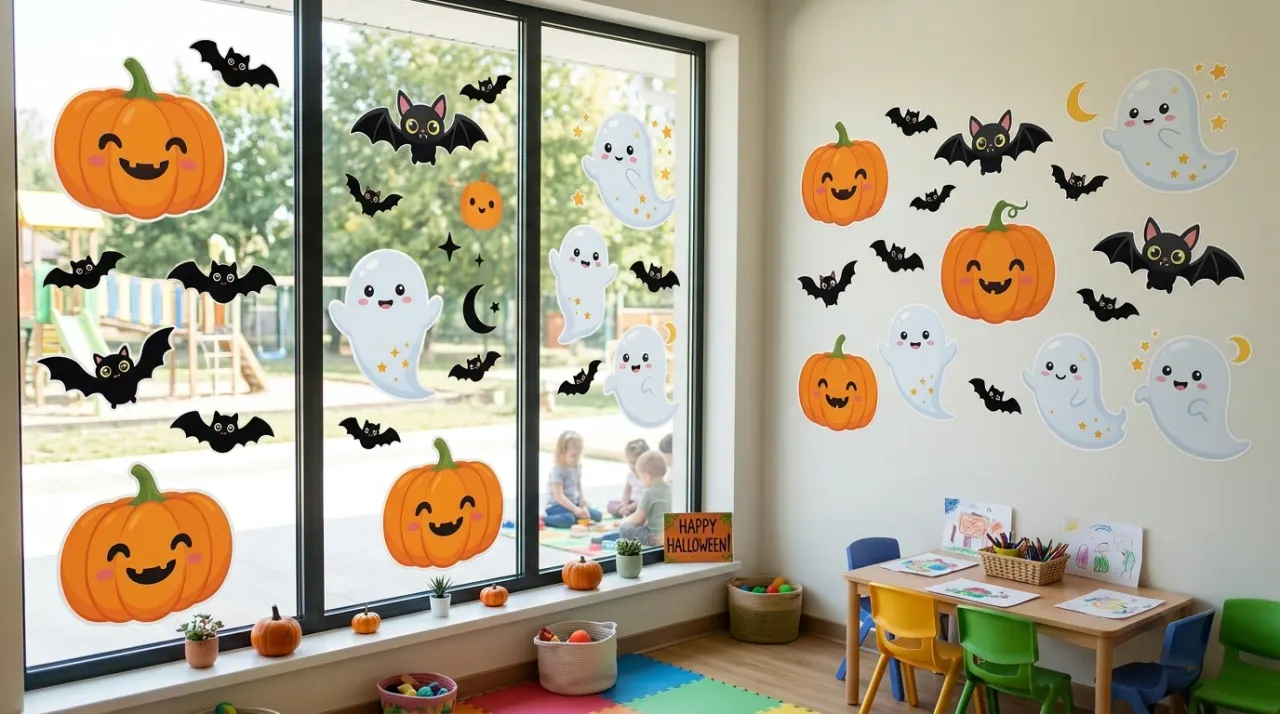 Decal Halloween hình bí ngô và dơi dán trên cửa kính lớp học
