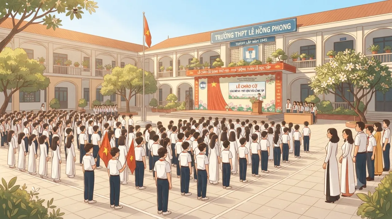 Học sinh tập trung tại sân trường trong buổi lễ kỷ niệm