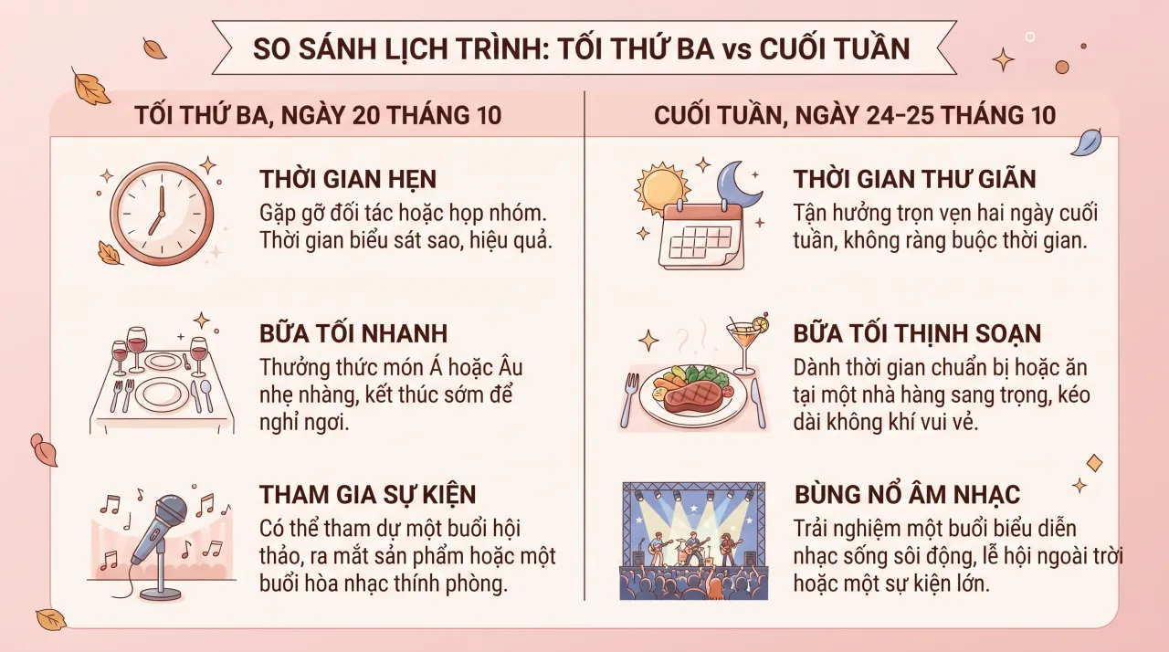 So sánh lịch tối 20/10 và cuối tuần 24–25/10
