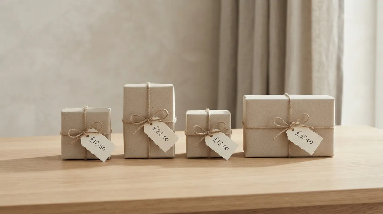 Bốn hộp quà kích thước khác nhau xếp thành hàng với thẻ giá viết tay