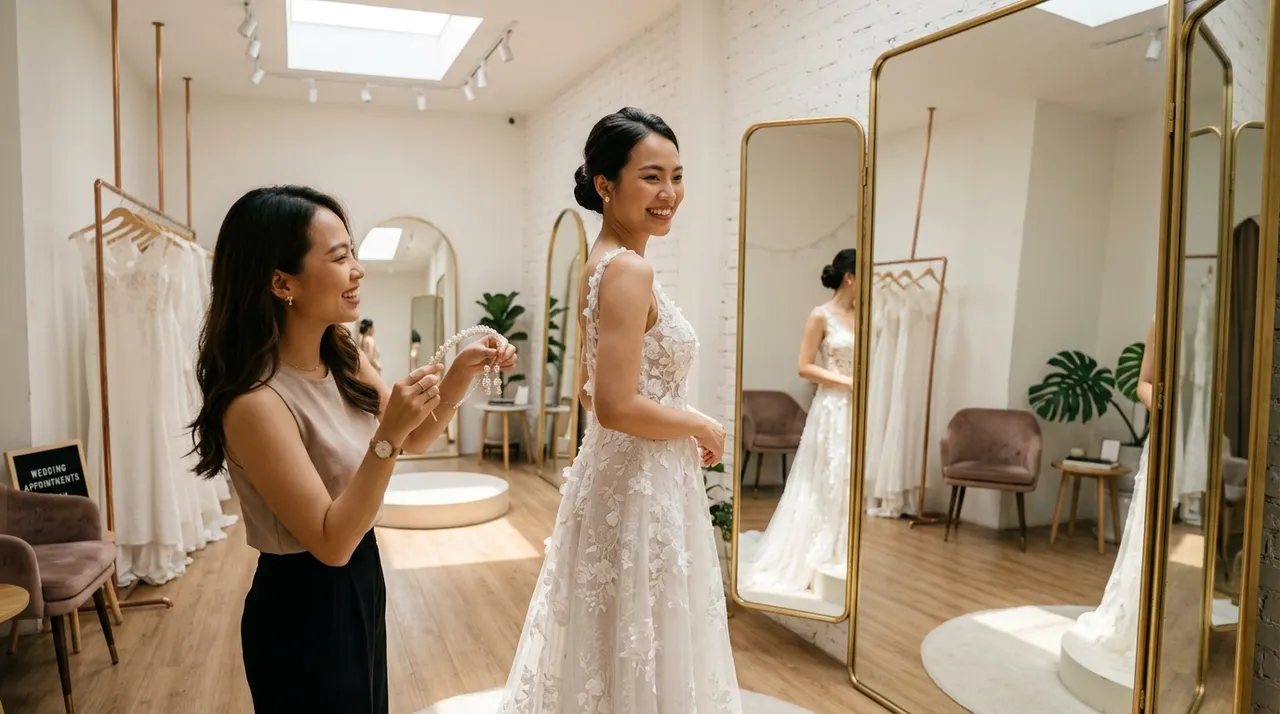 Cô dâu thử váy cưới tại cửa hàng