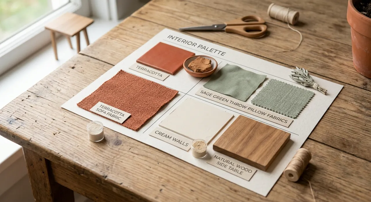 Ý tưởng phối màu terracotta với sage green cho phòng khách