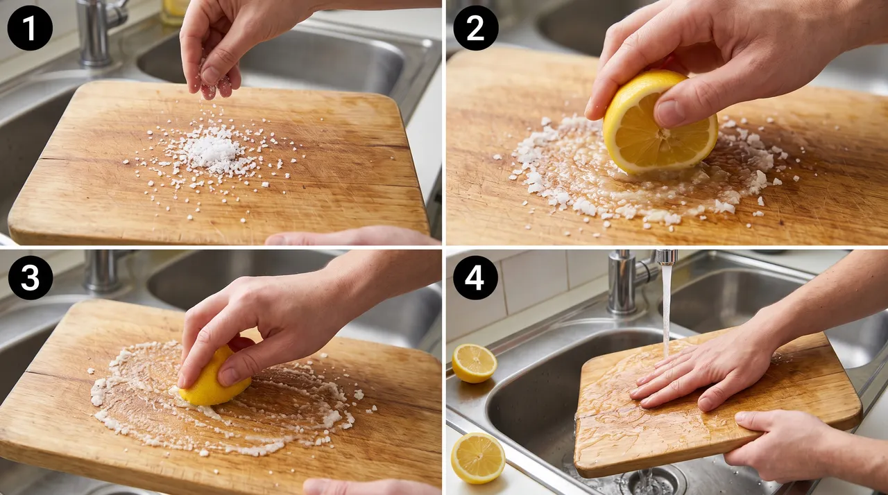 dùng chanh và muối chà lên thớt gỗ để khử mùi