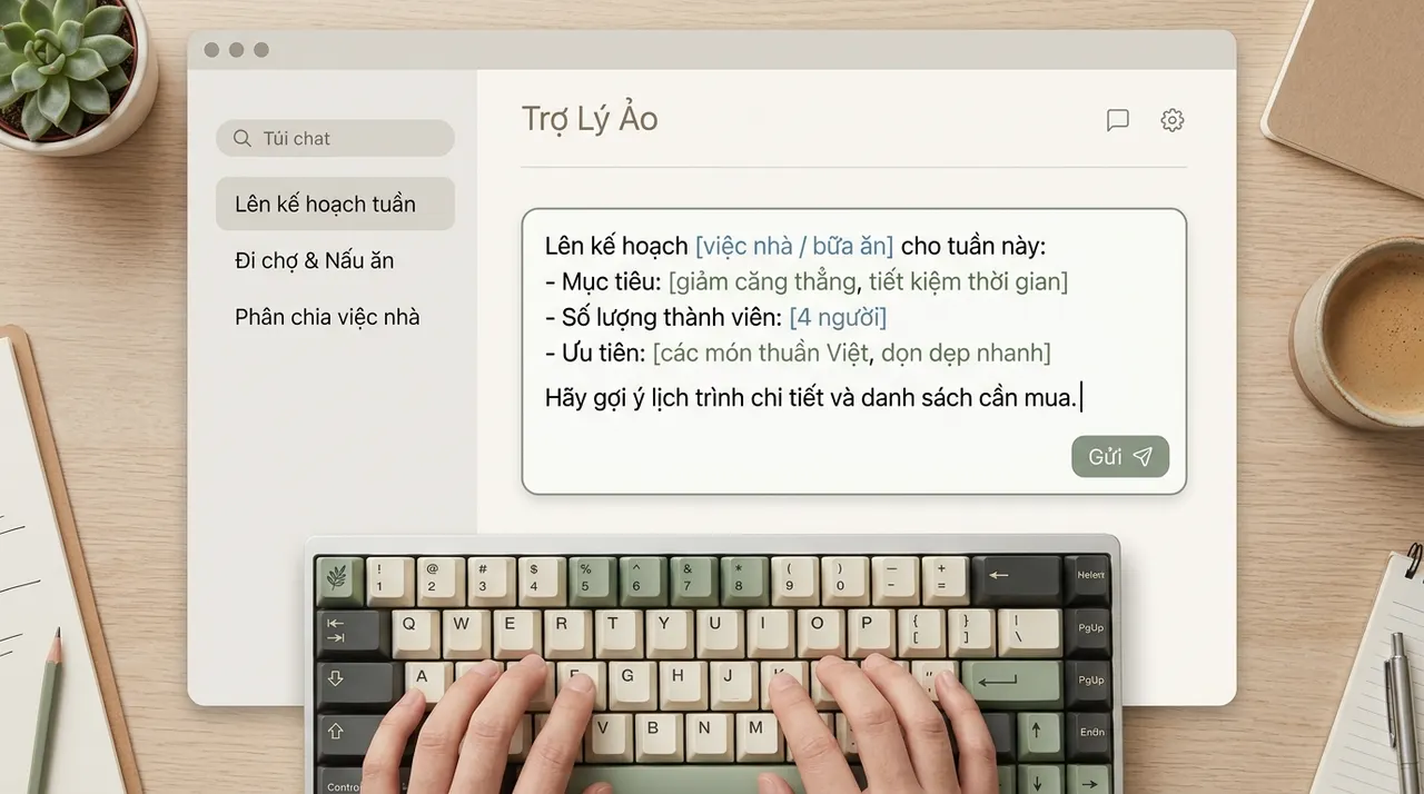 Mẫu cấu trúc prompt tiếng Việt hiển thị trên khung nhập tin nhắn