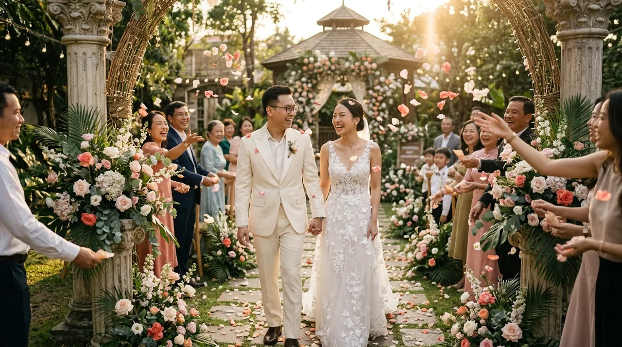 Cô dâu chú rể bước đi trong vườn hoa dưới ánh nắng chiều