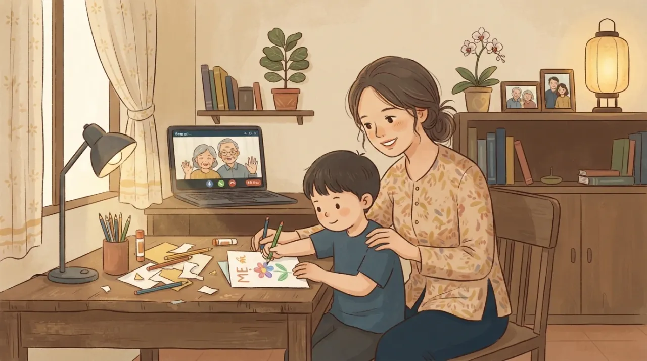 Mẹ và con cùng chuẩn bị thiệp tri ân thầy cô tại nhà