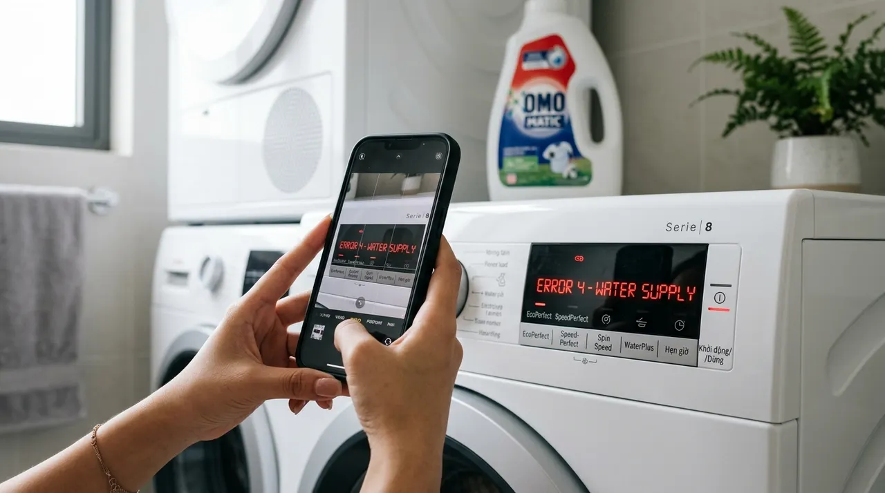 Người dùng chụp ảnh bảng báo lỗi của máy giặt bằng điện thoại để hỏi AI
