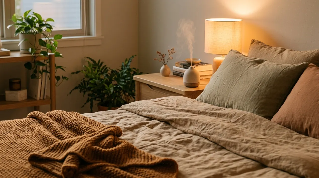 Phòng ngủ ấm áp với ga màu be, đèn đầu giường vàng ấm và máy khuếch tán
