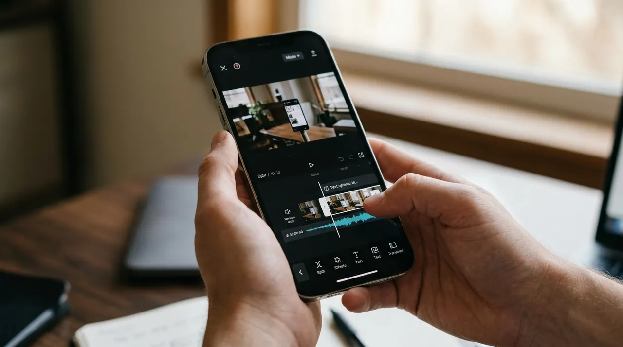 Màn hình điện thoại đang dựng video với timeline và track nhạc