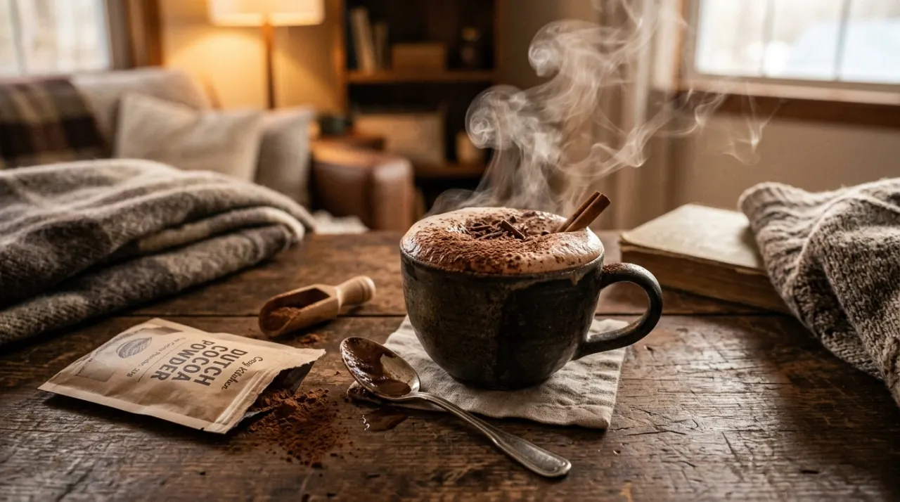 Ly cacao nóng bốc khói rắc bột cacao phía trên
