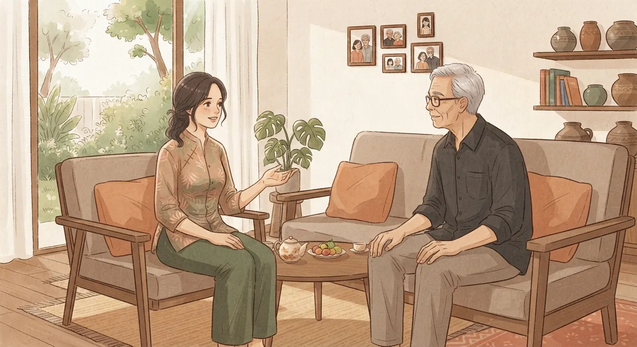Hai thành viên gia đình ngồi nói chuyện với nhau trên ghế sofa