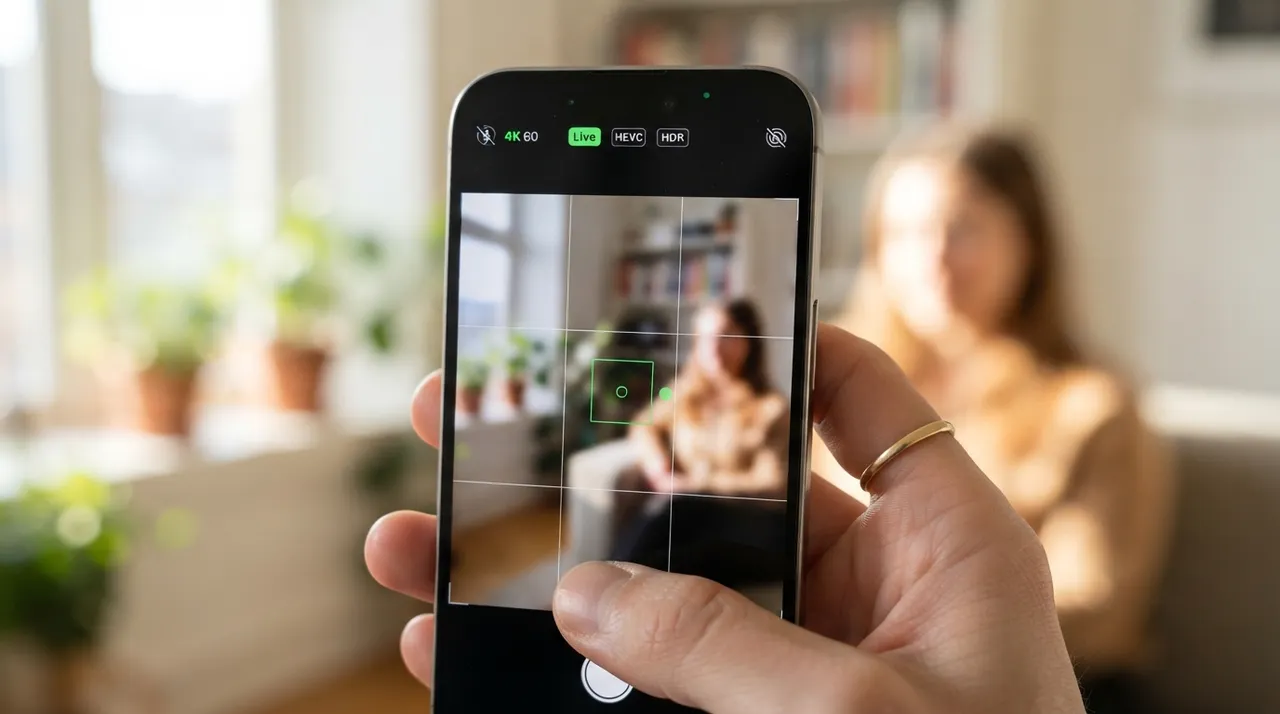 Màn hình cài đặt camera điện thoại với lưới khung hình và khóa phơi sáng