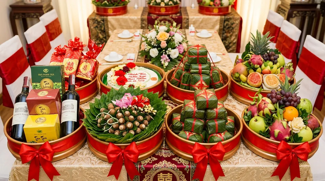 Mâm quả ăn hỏi truyền thống được buộc nơ đỏ