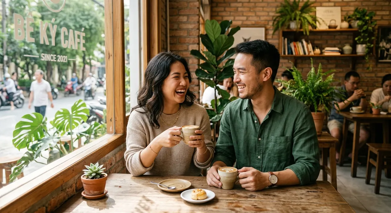 Couple meeting offline at a coffee shop