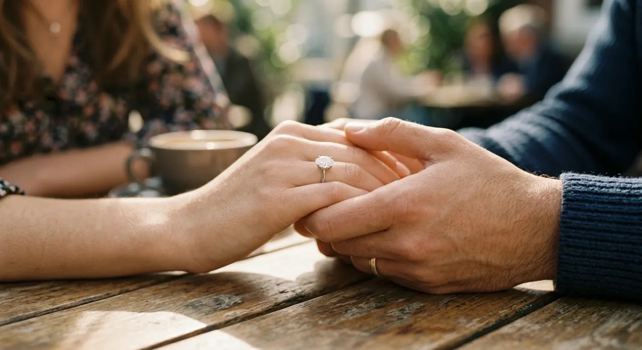 Engaged couple holding hands, symbolizing commitment on Women's Day
