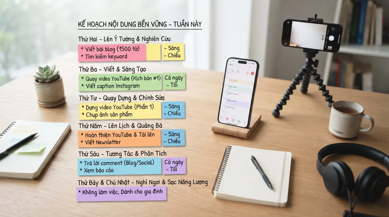 Lịch đăng nội dung hàng tuần trên giấy note và điện thoại