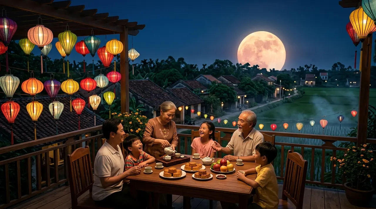 Đêm trăng rằm Trung Thu 2026 với ánh trăng tròn trên nóc nhà Việt Nam