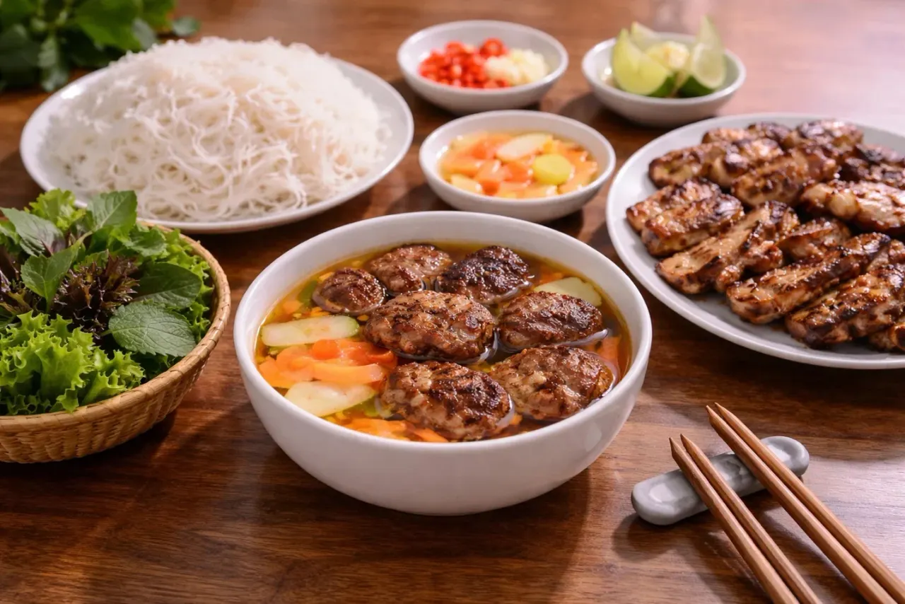 Bún chả Hà Nội với thịt nướng vàng ươm và nước chấm đặc trưng
