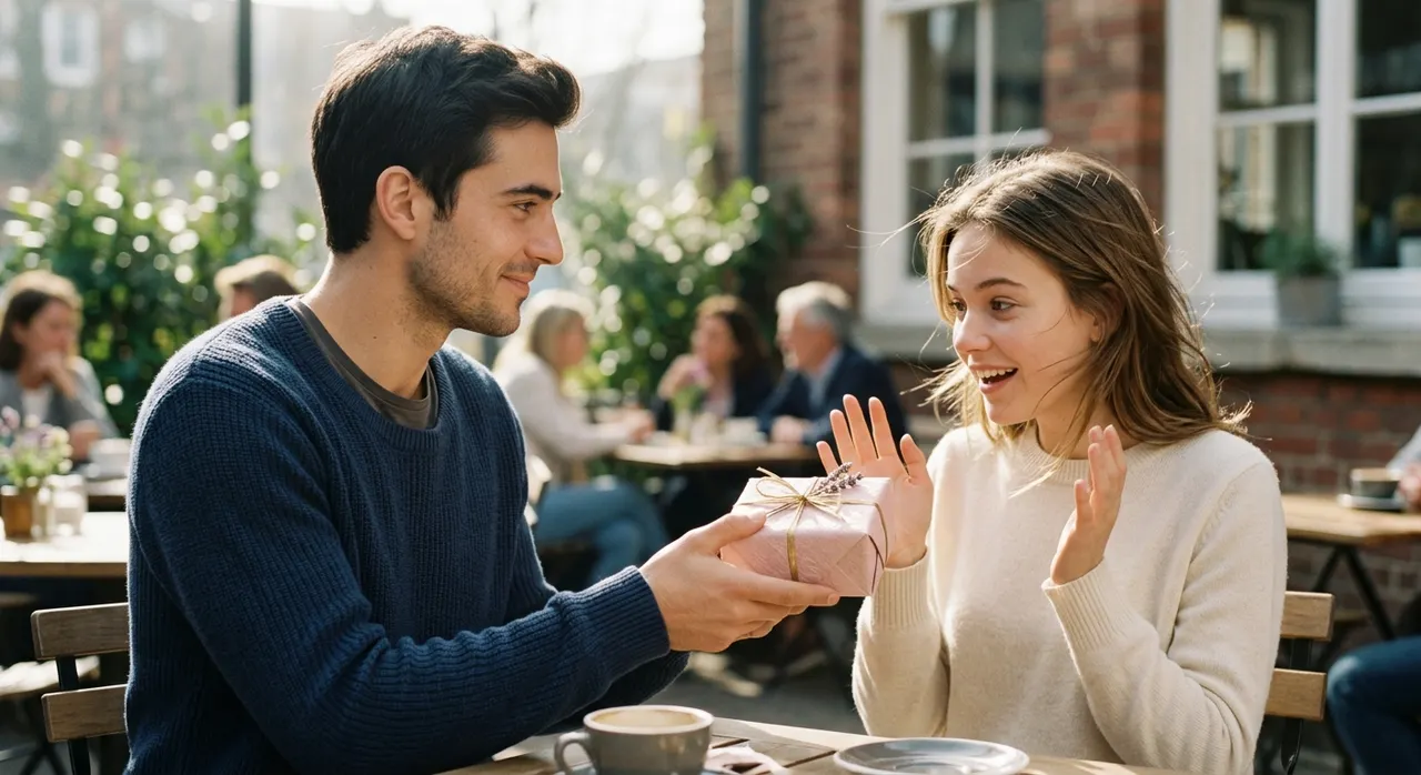 A man giving a gift to a new acquaintance on Women's Day