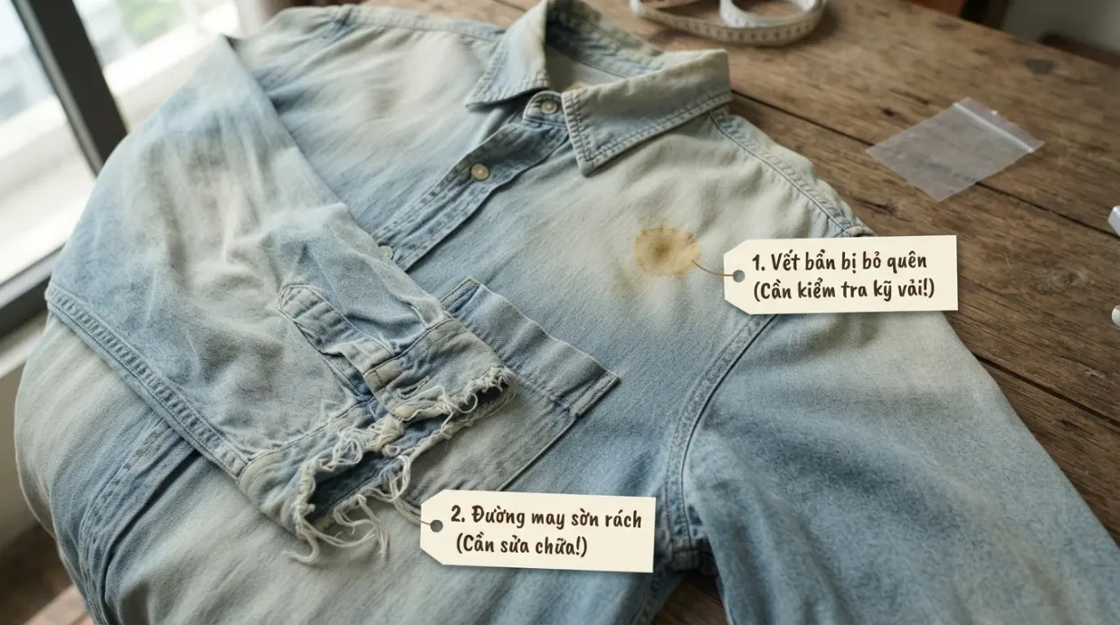 Món đồ secondhand có vết bẩn và đường may sờn đại diện cho những lỗi dễ bỏ qua khi mới bắt đầu mua đồ cũ