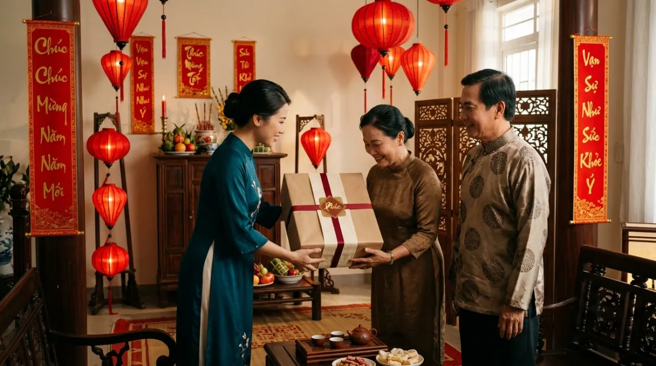 Tặng quà Tết cho bố mẹ chồng trong ngôi nhà có trang trí ngày Tết