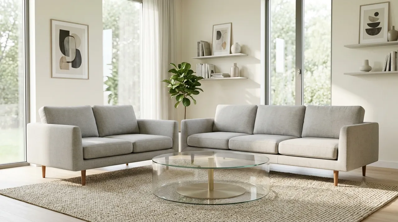 Sofa và bàn trà chân cao trong phòng khách hiện đại
