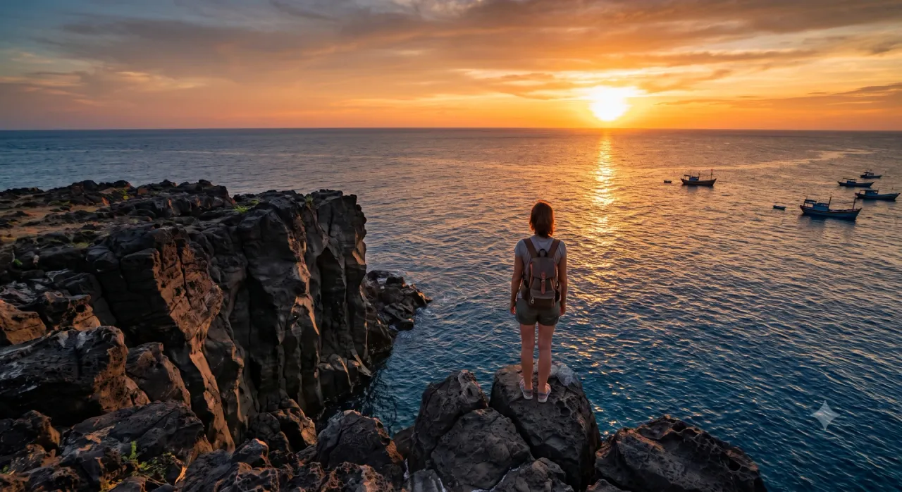 Du khách trên vách đá Lý Sơn ngắm hoàng hôn