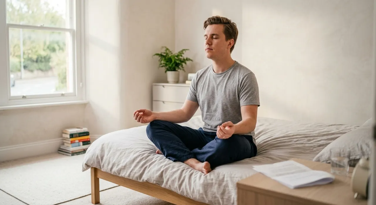 Một người ngồi trên giường hít thở sâu để ổn định tâm lý