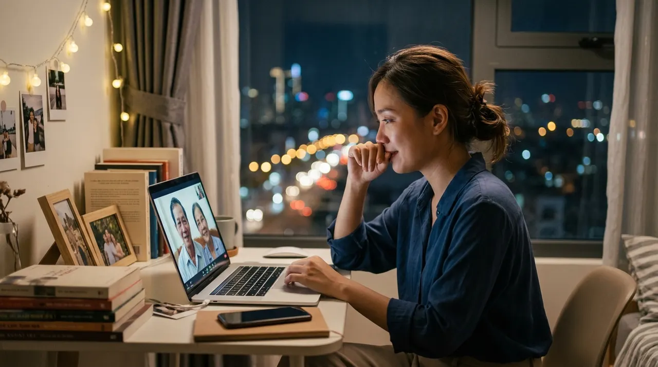 Người con gọi video cho cha mẹ ở quê vào đêm Vu Lan