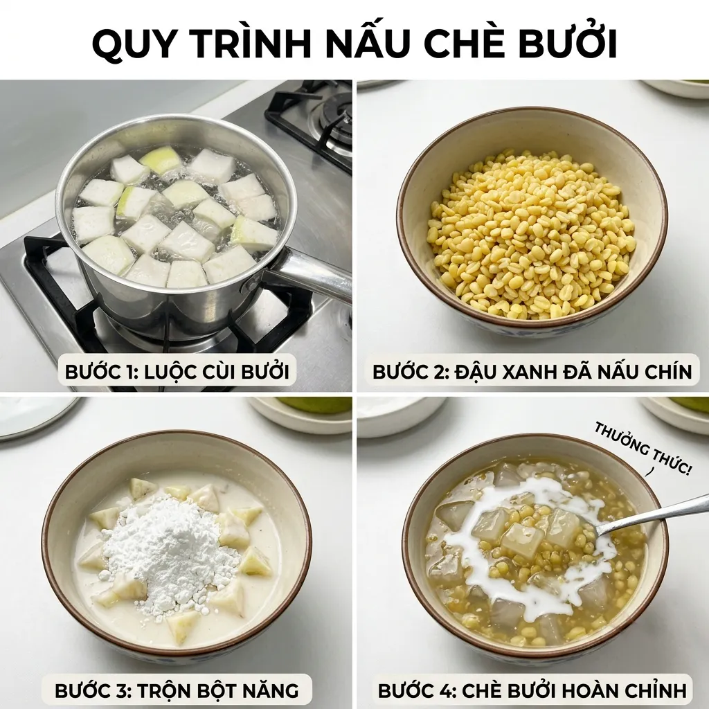 các bước nấu chè bưởi gồm luộc đậu xanh, nấu nước đường, tạo độ sánh